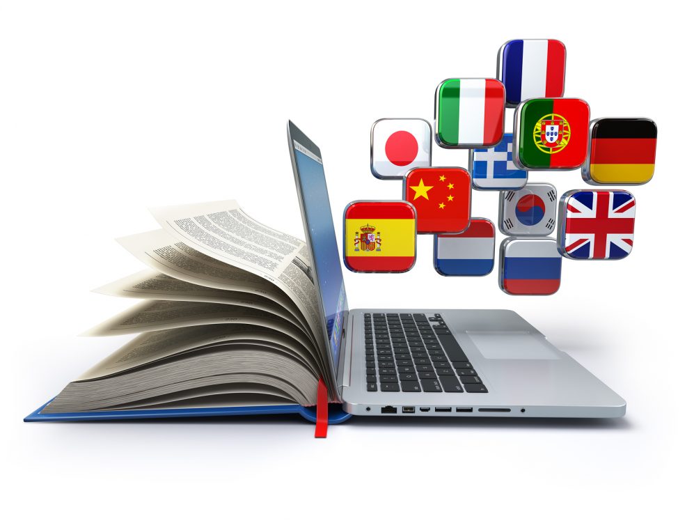 E-learning or online translator concept. Learning languages online. Laptop, book and flags. 3d illustration